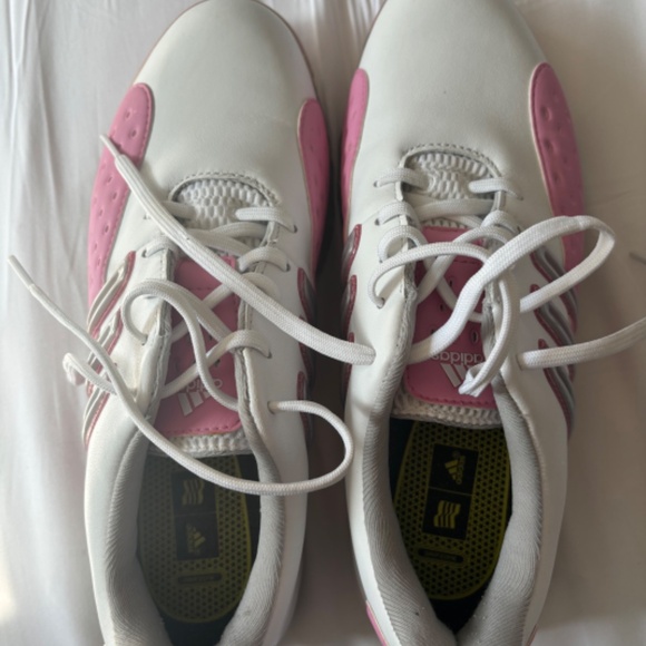 White and pink women’s adidas golf shoes - Picture 5 of 6